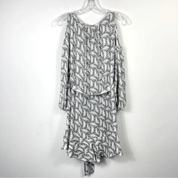 Joie Isaline Feather Cold Shoulder Mini Dress Gray White Print Silk Tie Belt XXS - Picture 6 of 15
